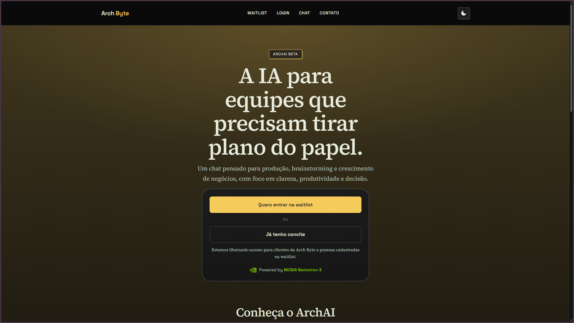 Tela inicial do ArchAI — chat de IA para negócios