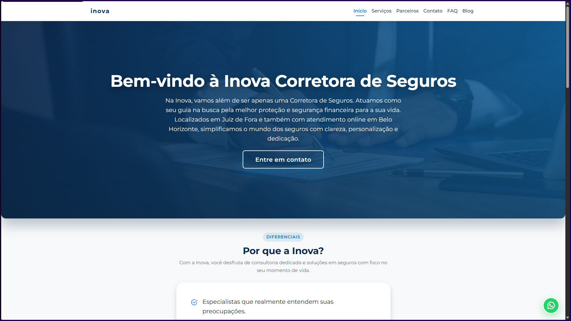 Tela inicial do site Corretora Inova