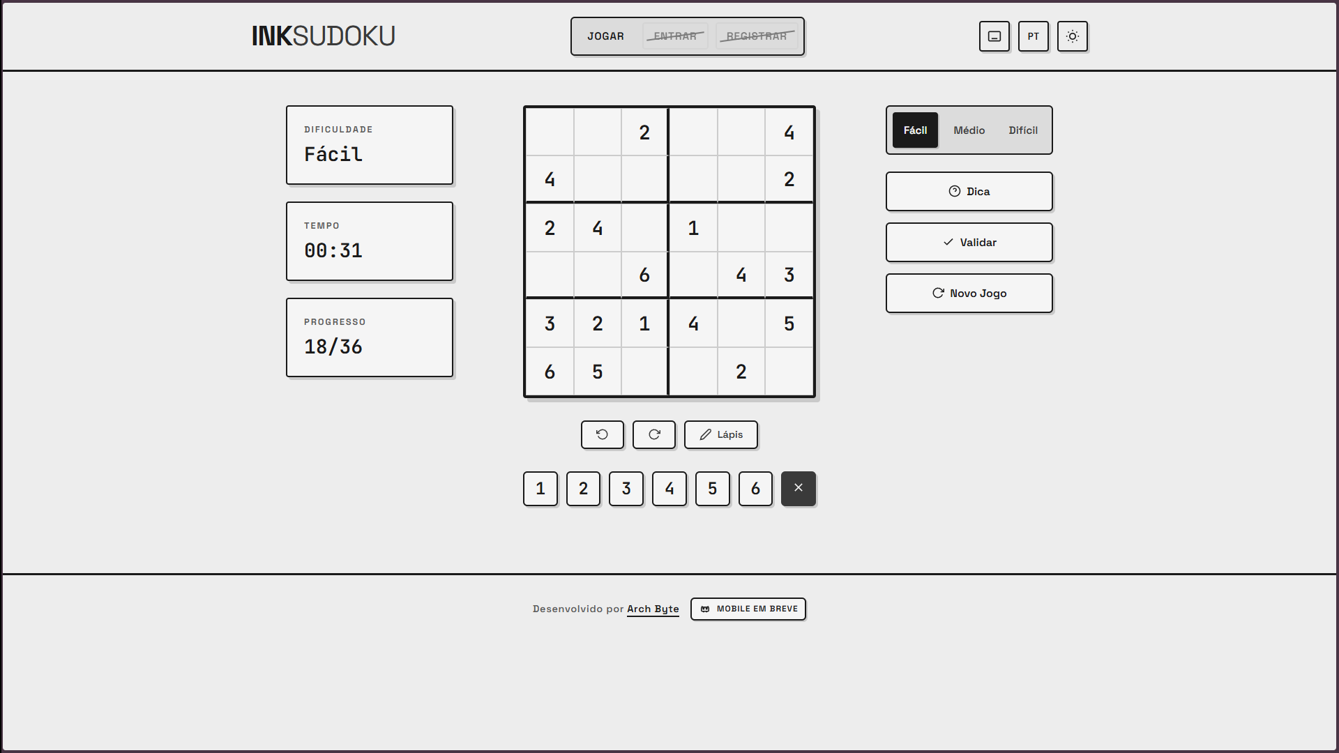 Tela inicial do jogo Ink Sudoku